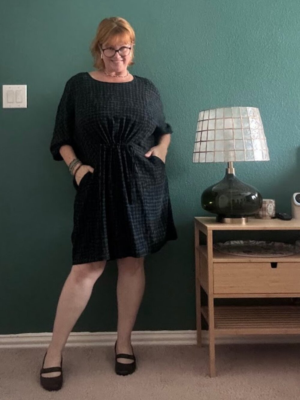 Poetry Tencel Linen Drawstring Tunic Dress Blue Black Geometric Plus Size 16/18